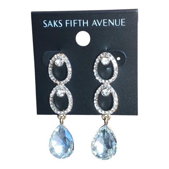 Saks Fifth Avenue NWT Gold Tone Shiny Rhinestones Triple Teardrop Earrings - Picture 3 of 10